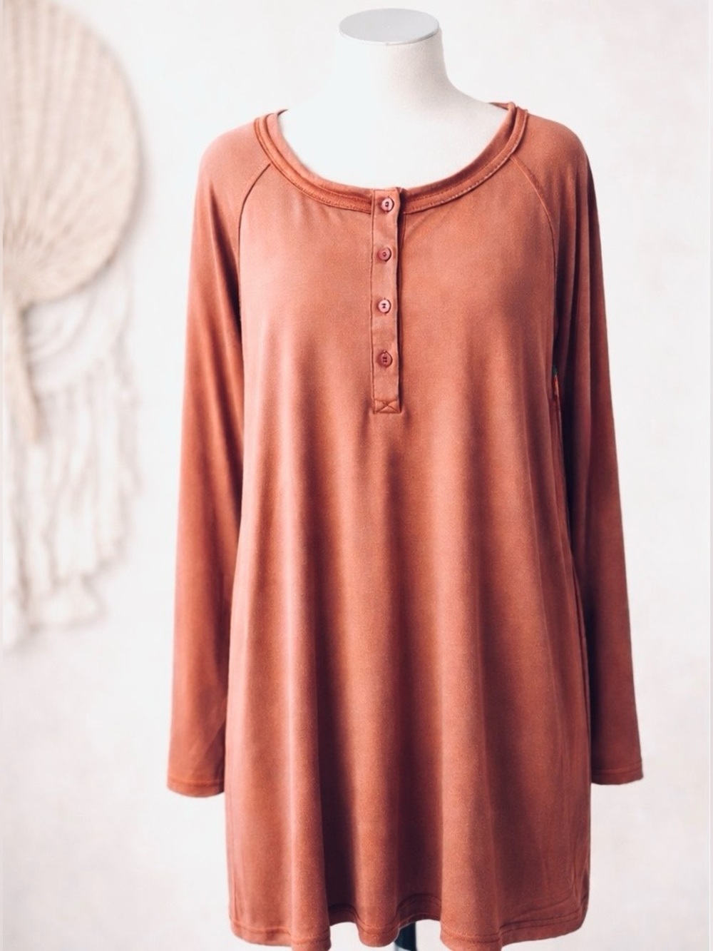 NWT Umgee Small Rust Mauve Modal Henley Dress Raw Edge Long Sleeve Tunic Boho
